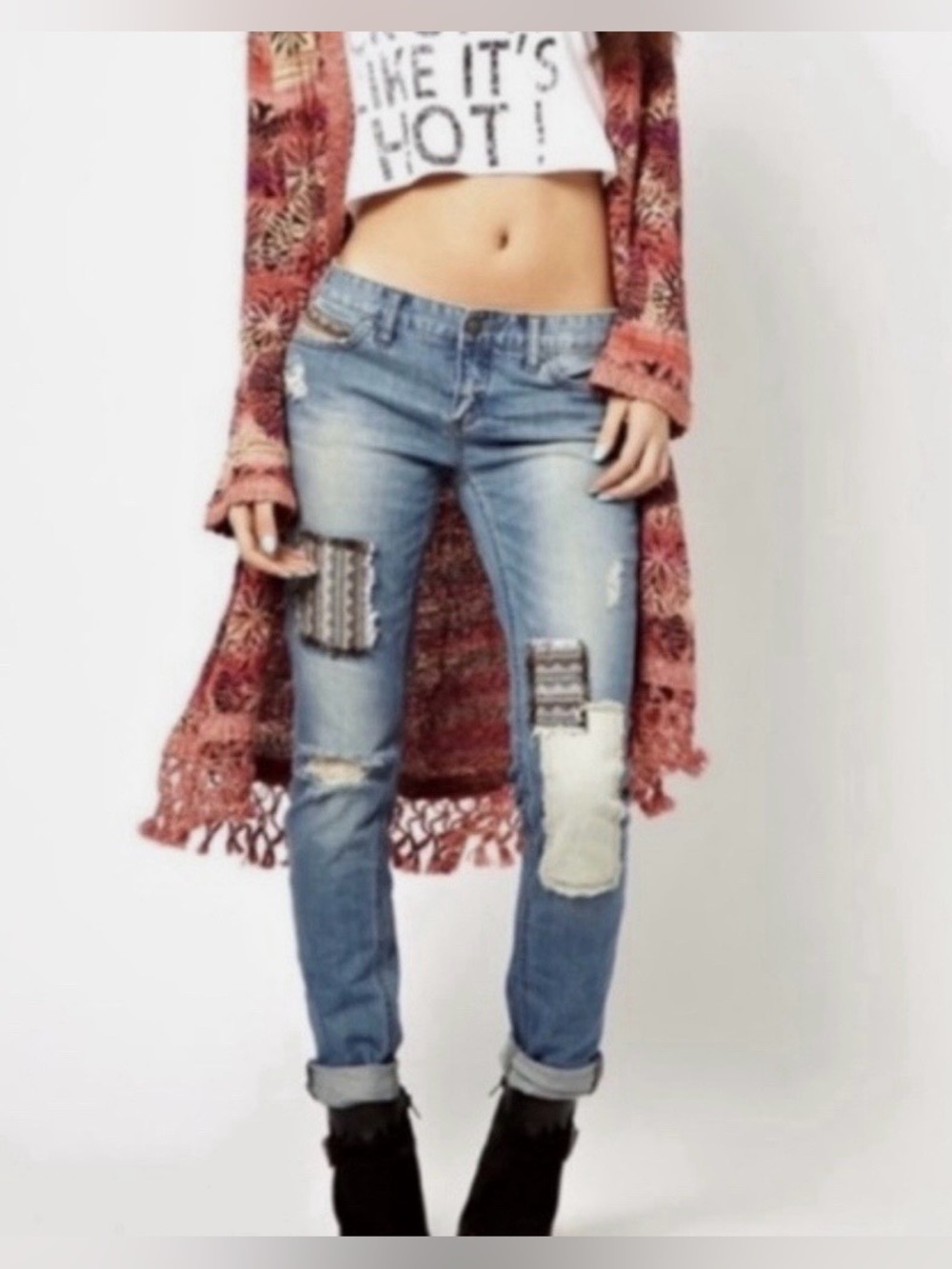 Free People Indigo Baja Patchwork Skinny Jeans Boho